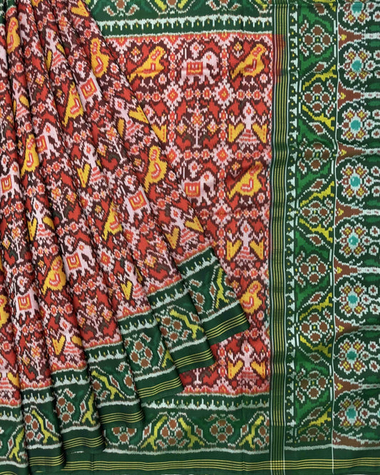 Green & Red Narikunj Semi Ikat Patola Saree - SindhoiPatolaArt