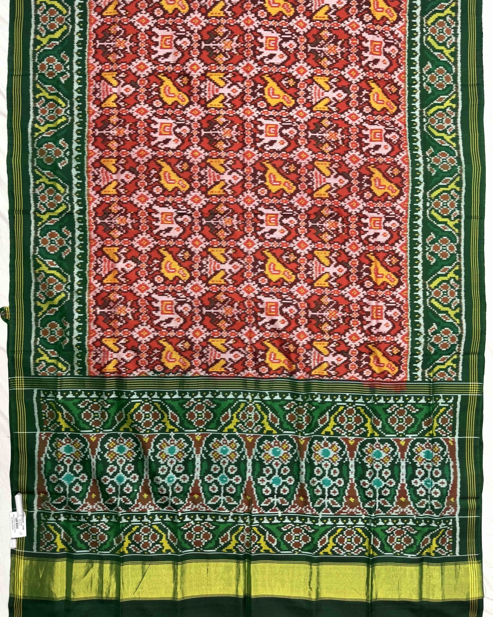 Green & Red Narikunj Semi Ikat Patola Saree - SindhoiPatolaArt