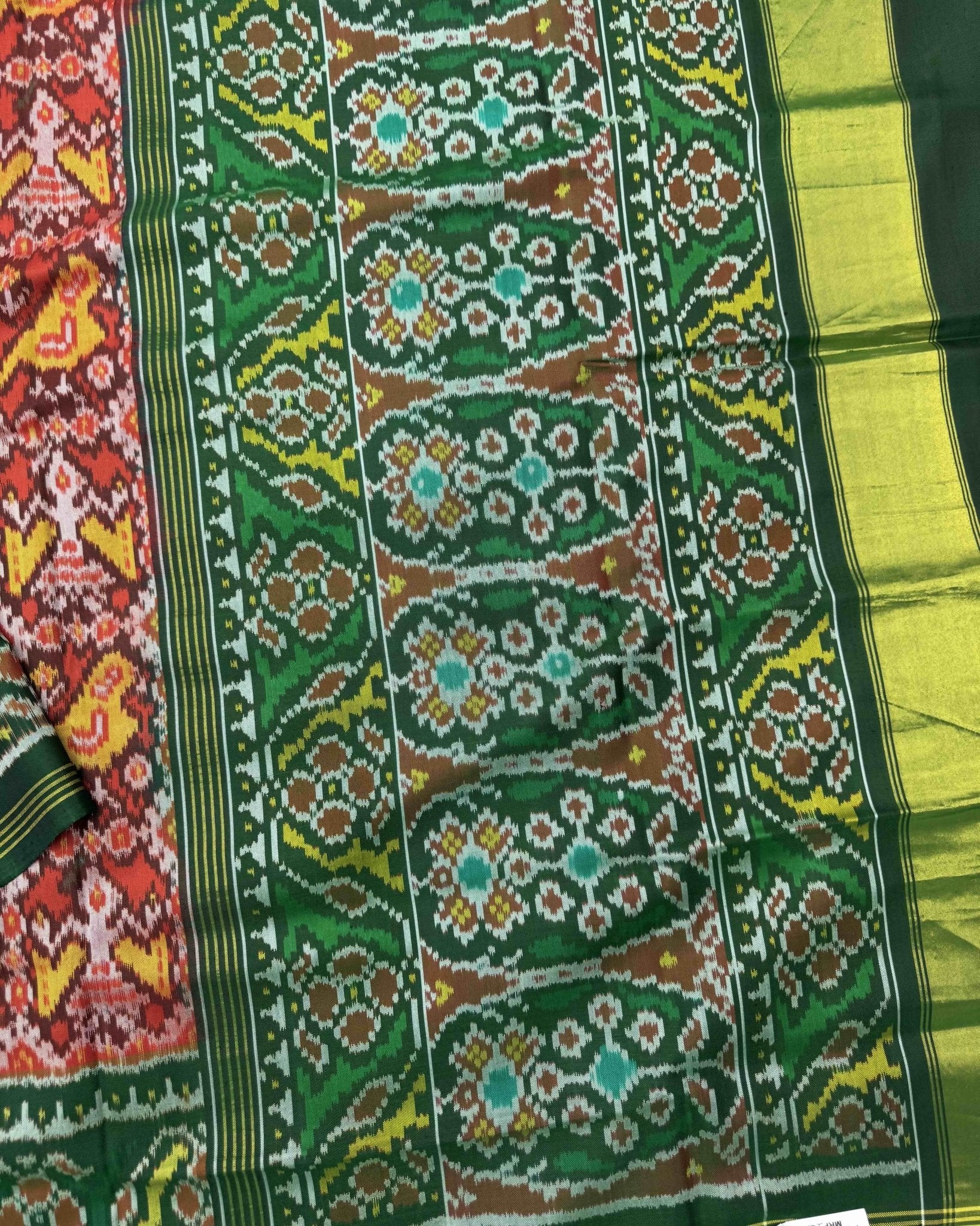 Green & Red Narikunj Semi Ikat Patola Saree - SindhoiPatolaArt