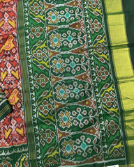 Green & Red Narikunj Semi Ikat Patola Saree - SindhoiPatolaArt