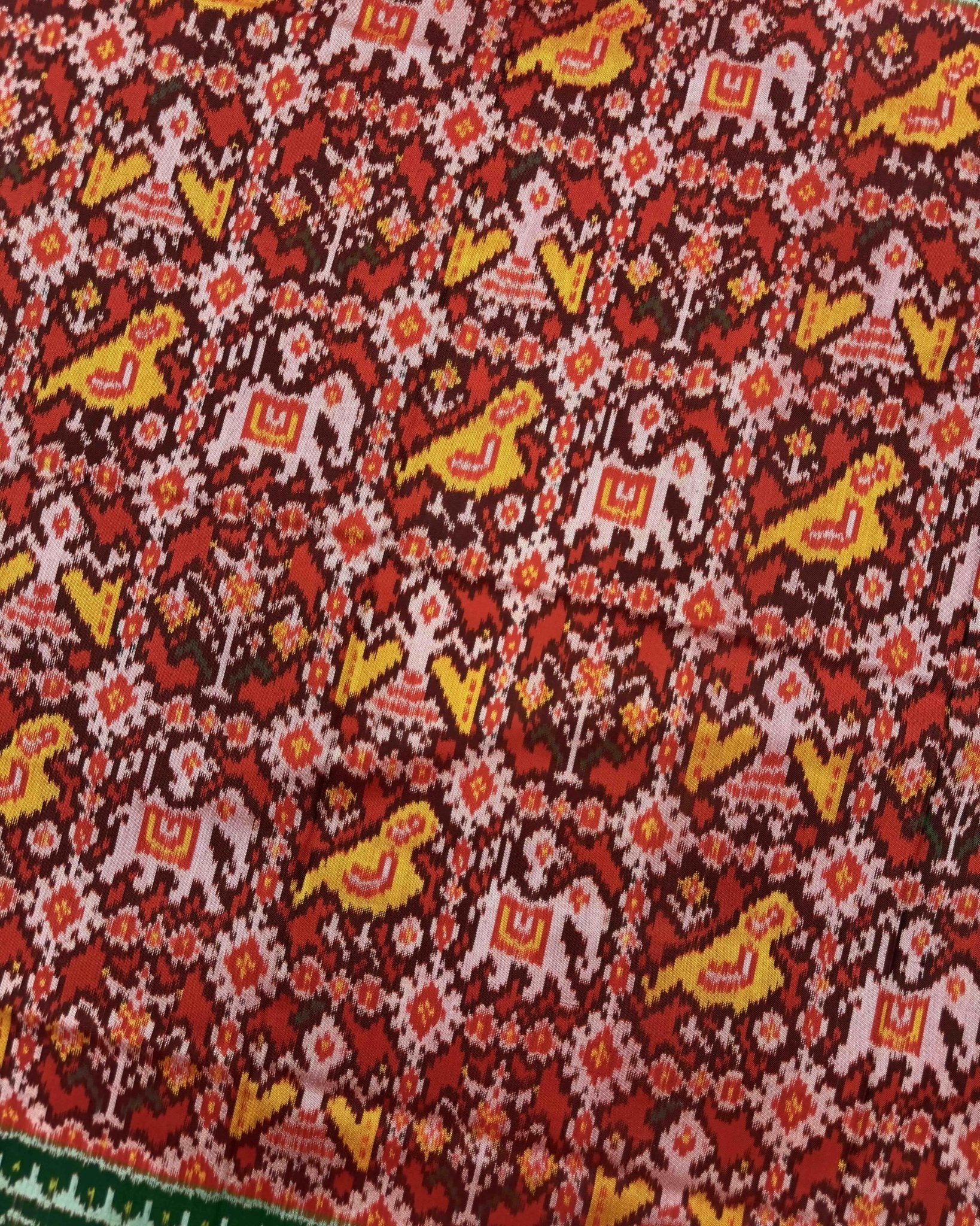 Green & Red Narikunj Semi Ikat Patola Saree - SindhoiPatolaArt