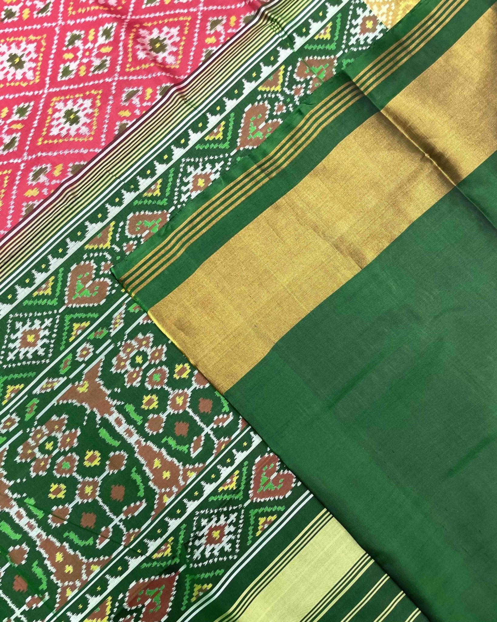 Green & Red Pink Panchanda Patola Saree - SindhoiPatolaArt