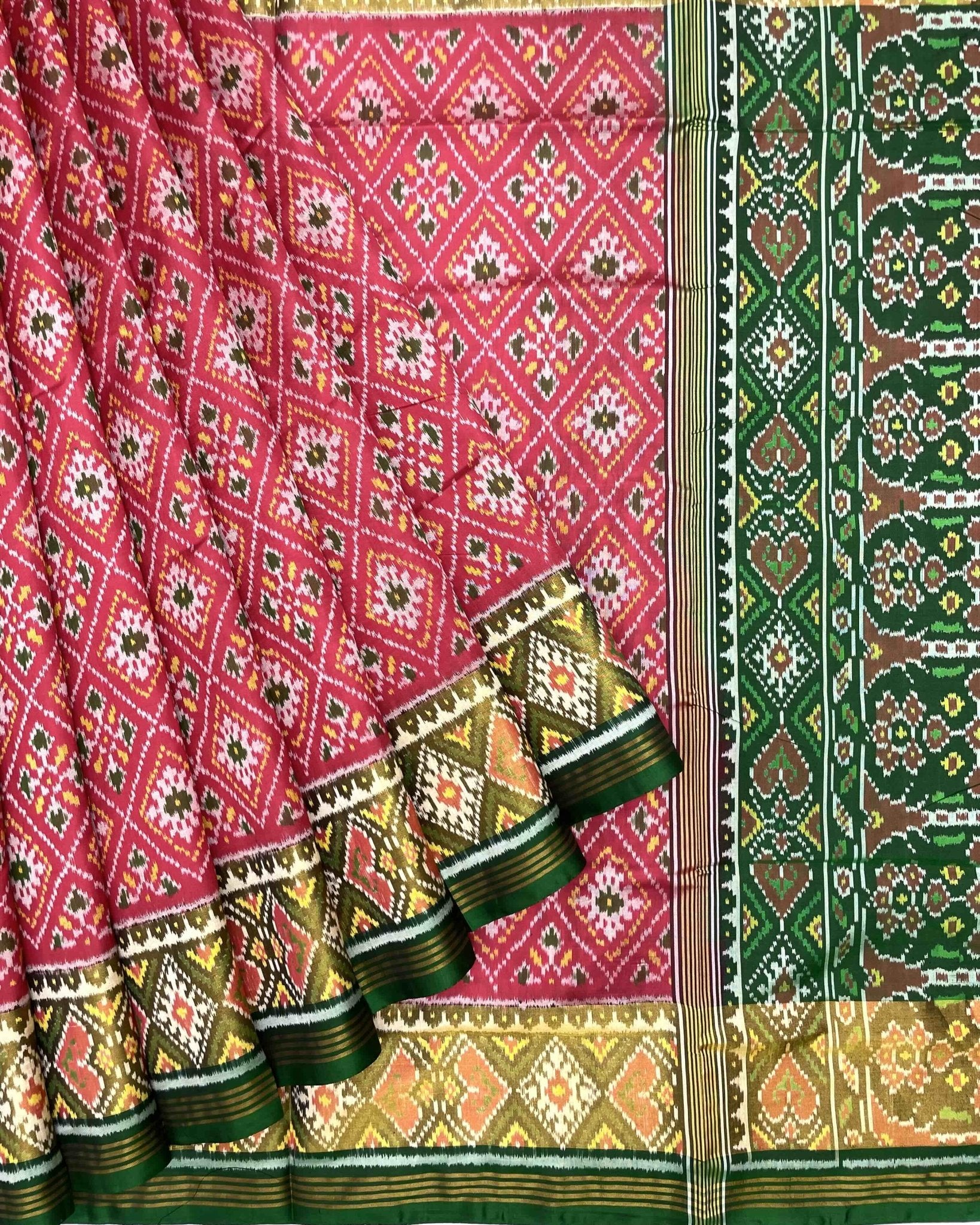 Green & Red Pink Panchanda Patola Saree - SindhoiPatolaArt