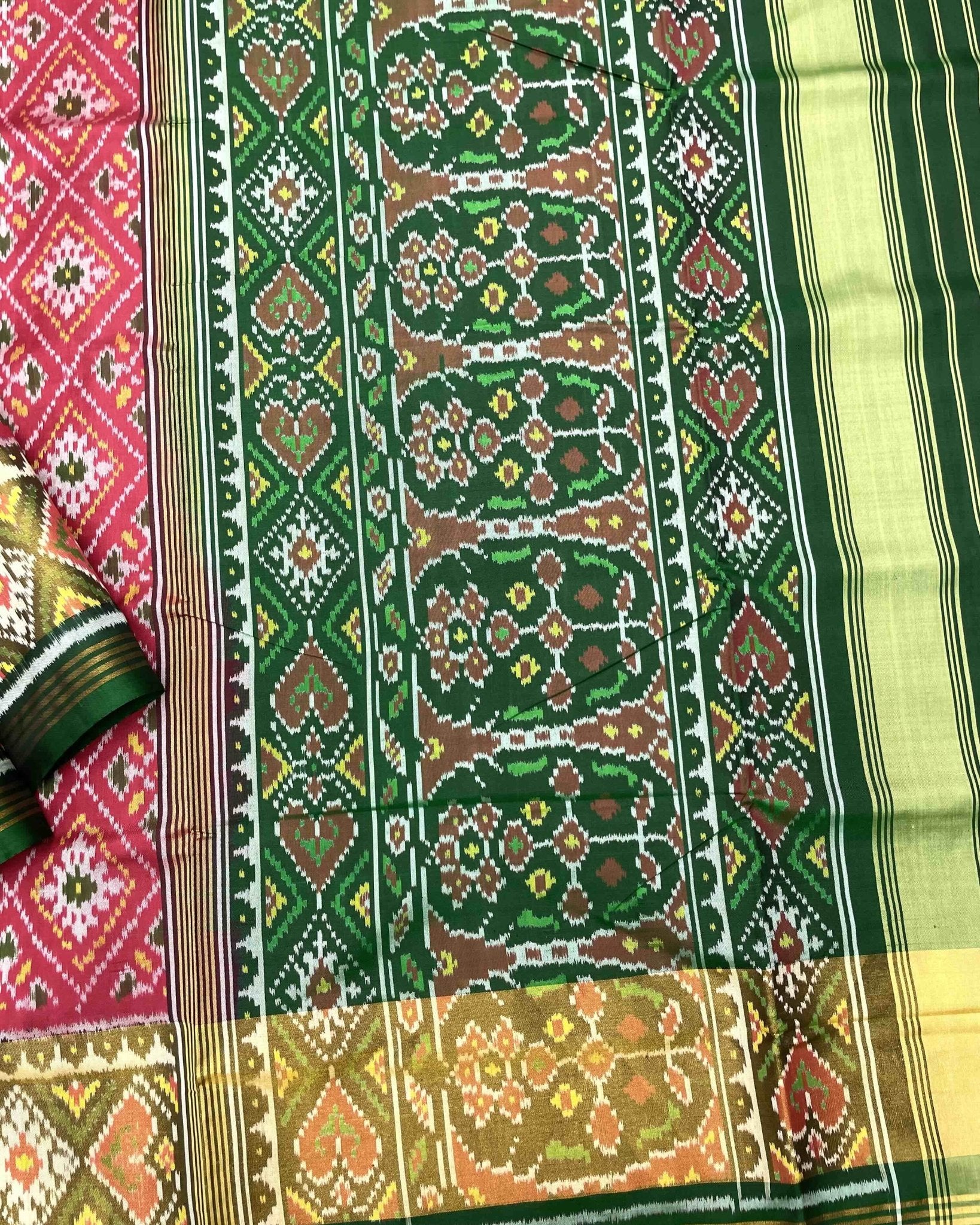 Green & Red Pink Panchanda Patola Saree - SindhoiPatolaArt