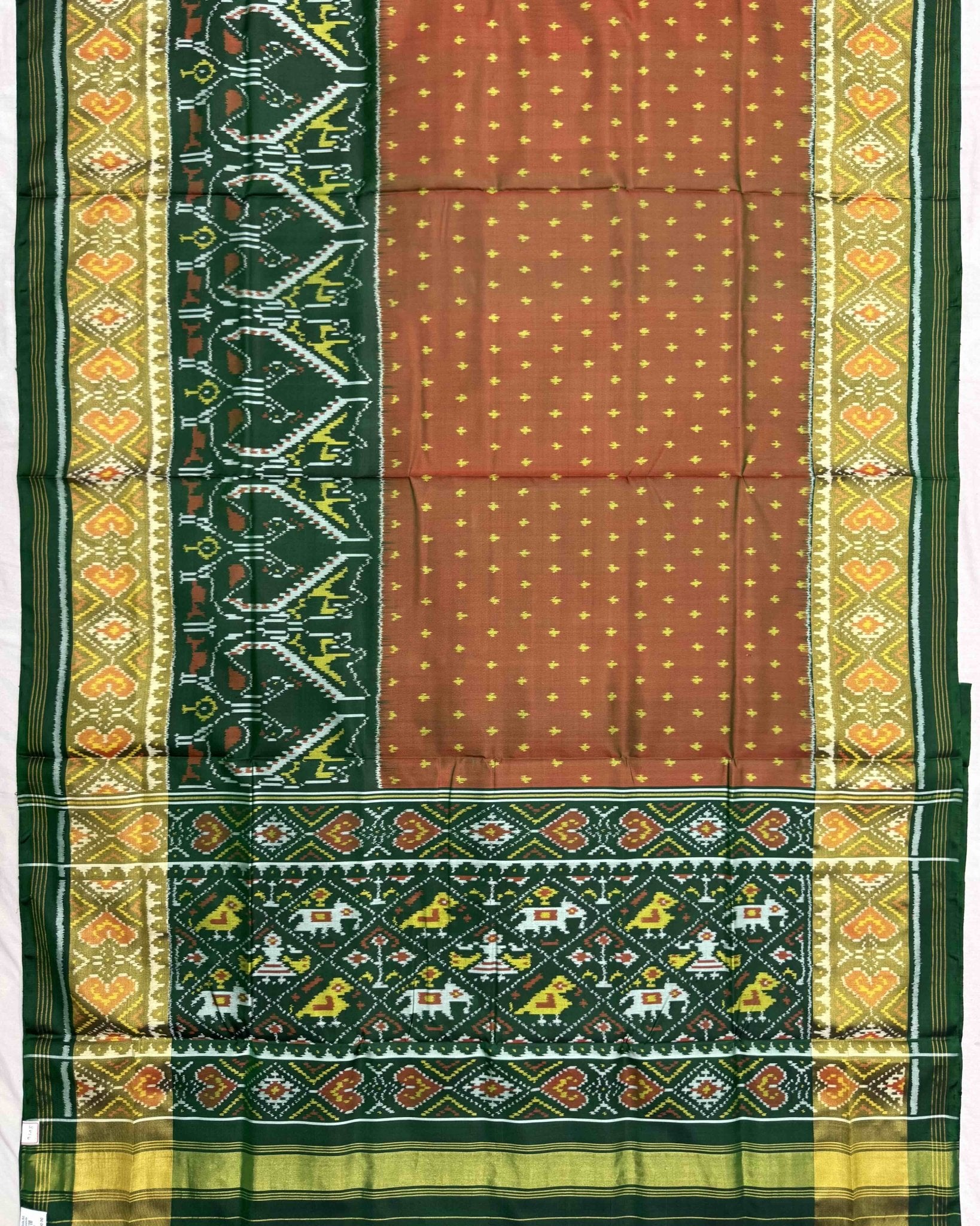 Green & Rust Doted with Peacock Scut Border Patola Saree - SindhoiPatolaArt