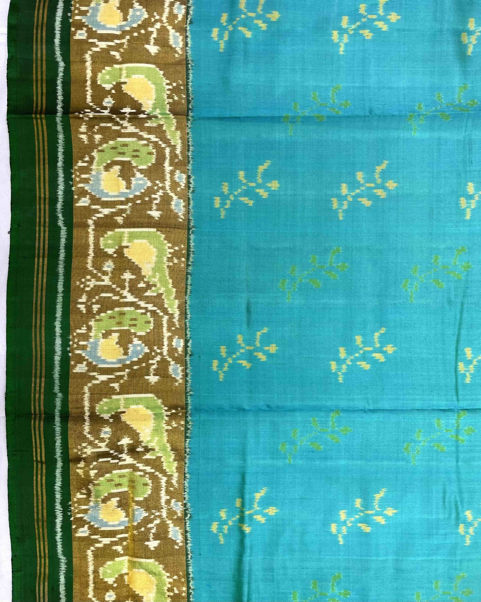 Green & Sky Blue Fancy Flower Patola Saree - SindhoiPatolaArt