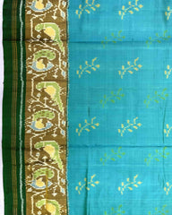 Green & Sky Blue Fancy Flower Patola Saree - SindhoiPatolaArt