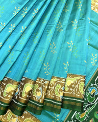 Green & Sky Blue Fancy Flower Patola Saree - SindhoiPatolaArt