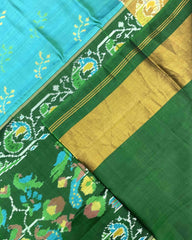 Green & Sky Blue Fancy Flower Patola Saree - SindhoiPatolaArt