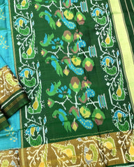 Green & Sky Blue Fancy Flower Patola Saree - SindhoiPatolaArt