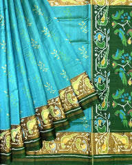 Green & Sky Blue Fancy Flower Patola Saree - SindhoiPatolaArt