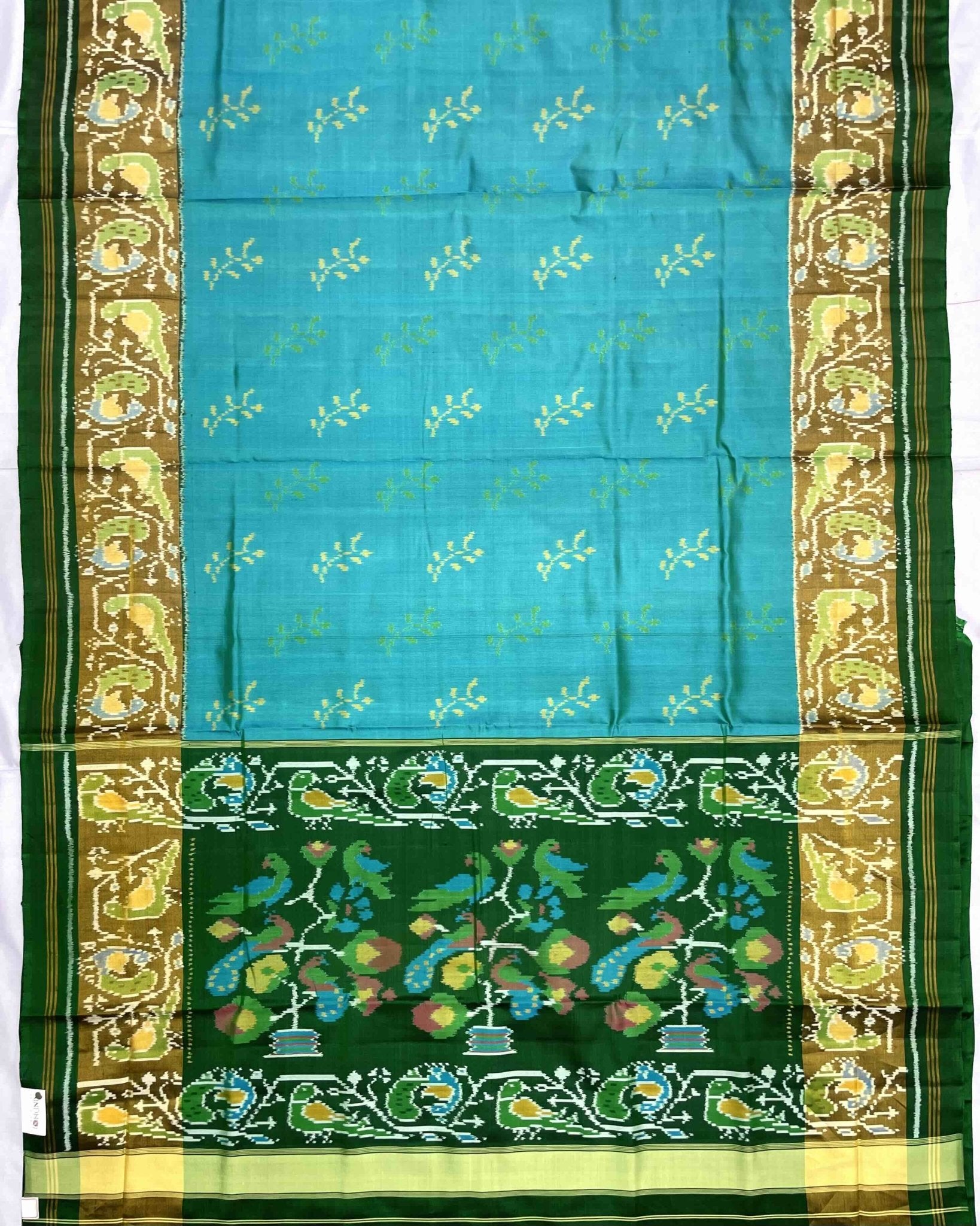 Green & Sky Blue Fancy Flower Patola Saree - SindhoiPatolaArt