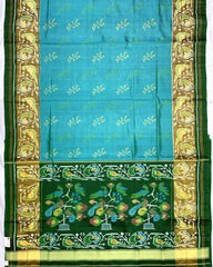 Green & Sky Blue Fancy Flower Patola Saree - SindhoiPatolaArt