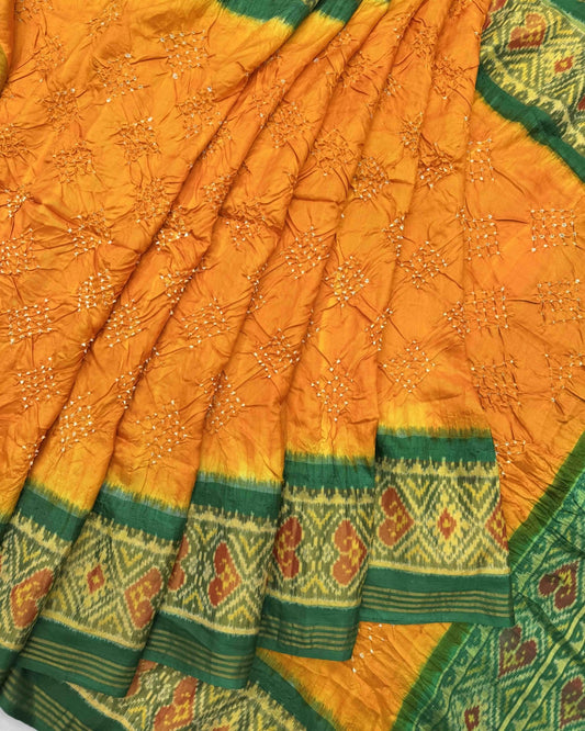 Green & Yellow Bandhani Patola Saree - SindhoiPatolaArt