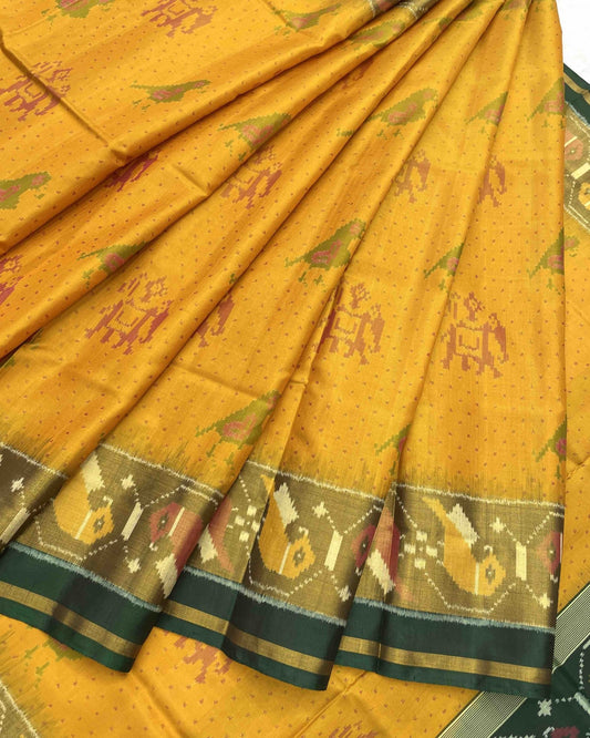 Green & Yellow Narikunj Designer Patola Saree - SindhoiPatolaArt