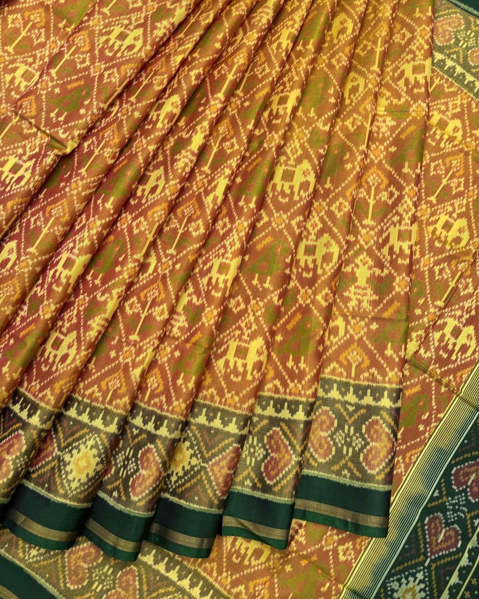 Green & Yellow Narikunj Patola Saree - SindhoiPatolaArt