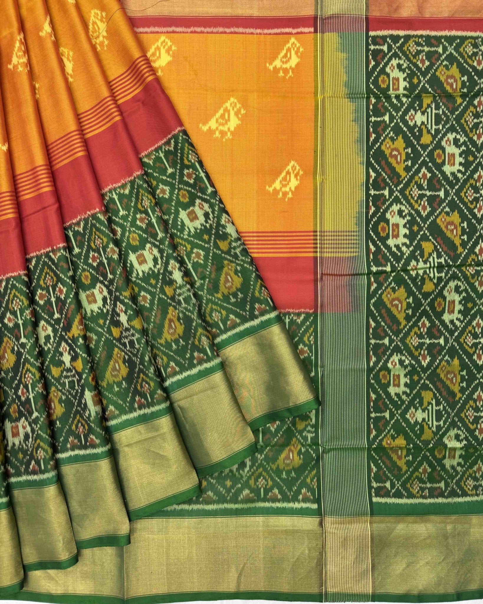 Green & Yellow Parrot with Narikunj Scut Border Patola Saree - SindhoiPatolaArt