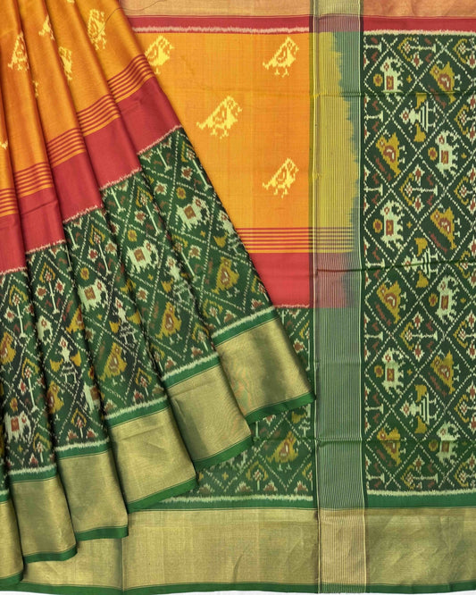 Green & Yellow Parrot with Narikunj Scut Border Patola Saree - SindhoiPatolaArt