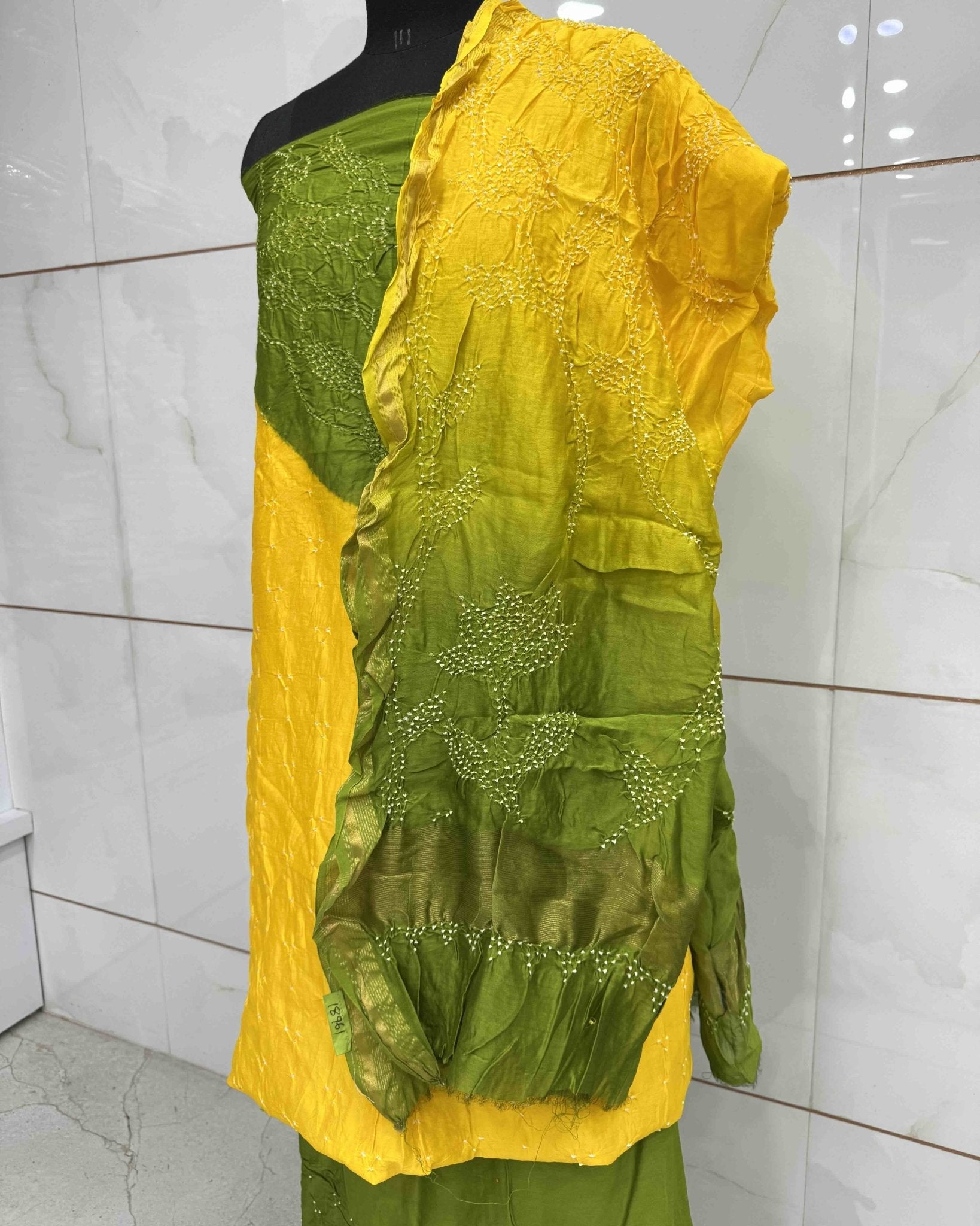 Green & Yellow Shaded Chanderi Silk Bandhani Dress Material - SindhoiPatolaArt
