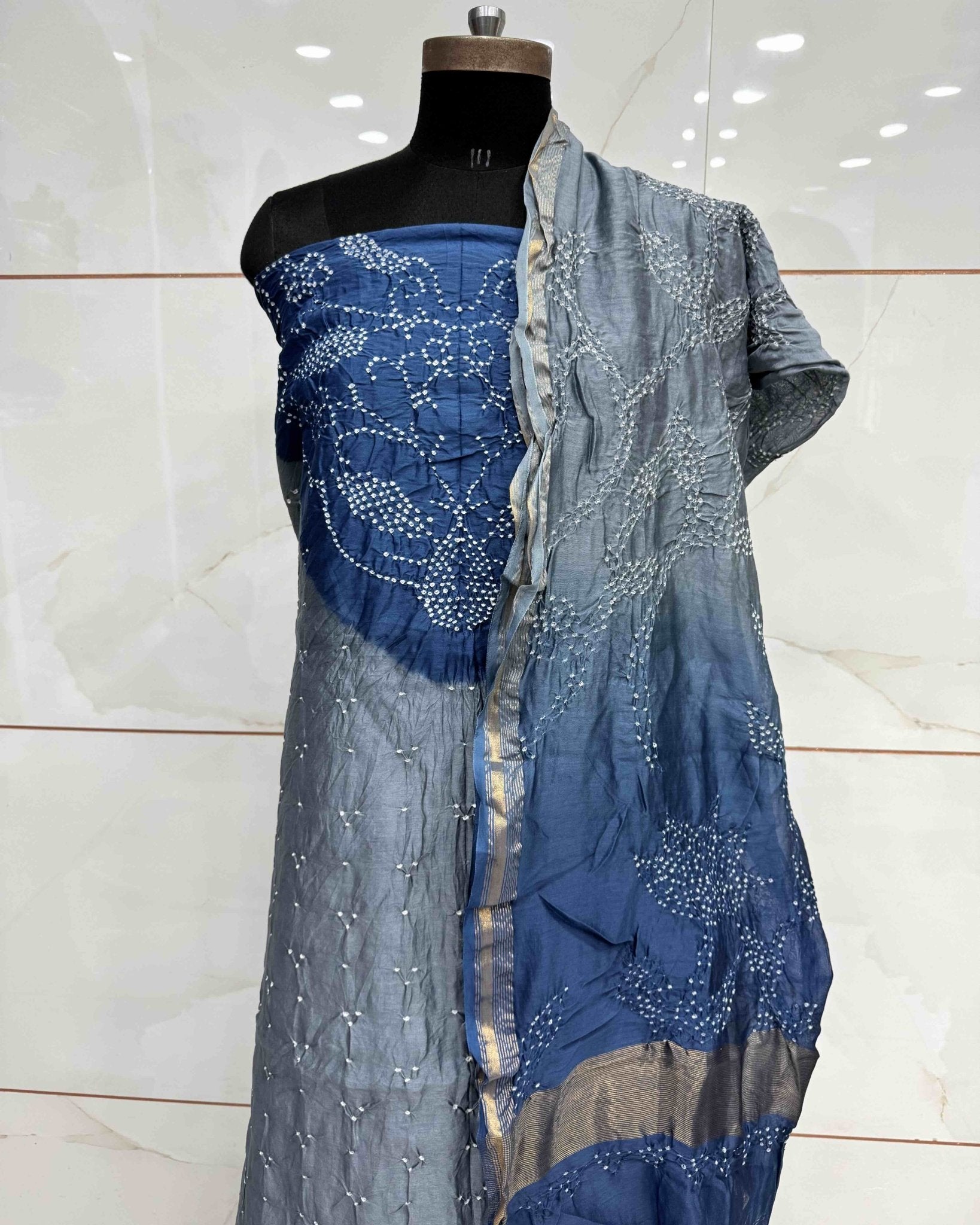 Grey & Blue Shaded Chanderi Silk Bandhani Dress Material - SindhoiPatolaArt