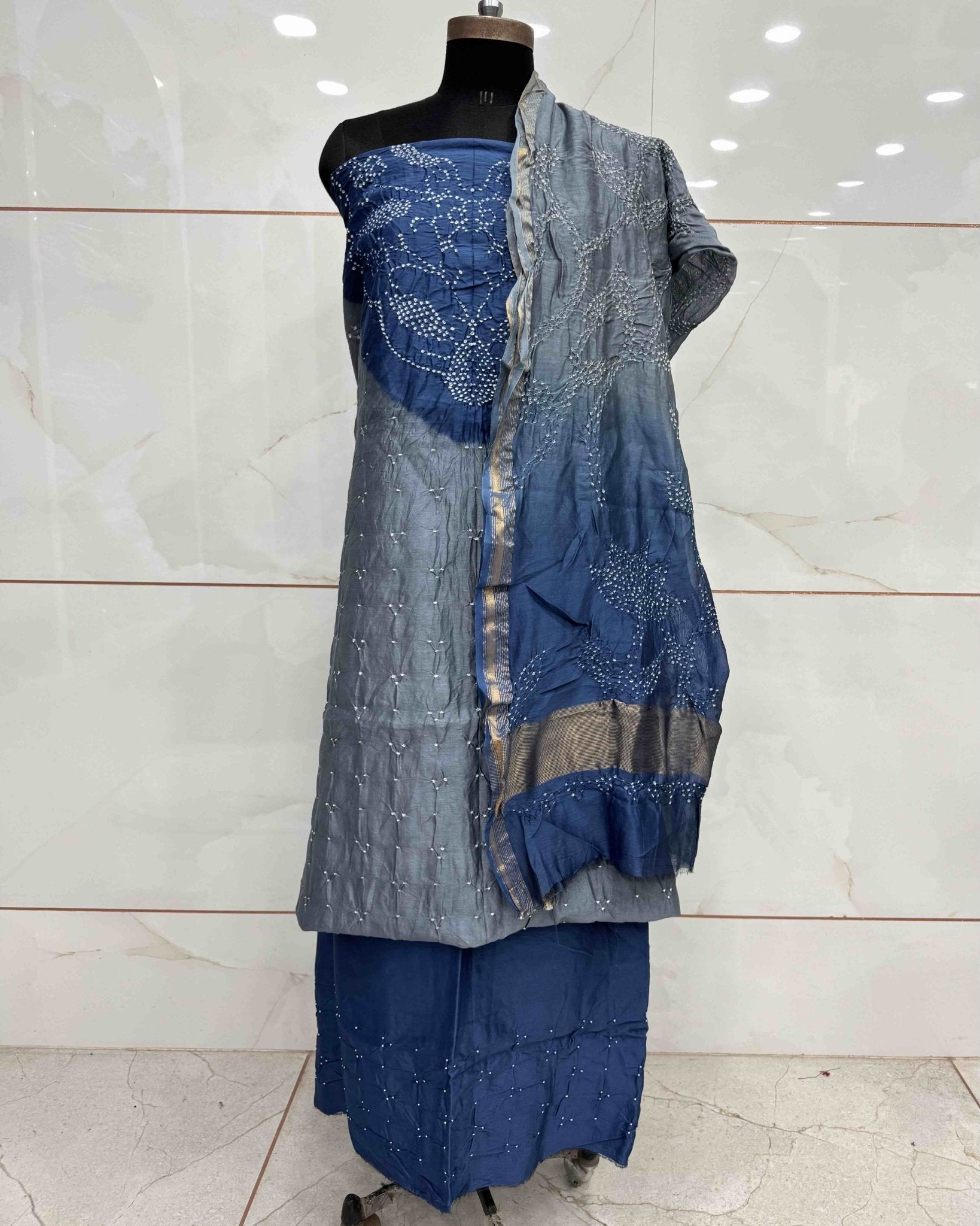 Grey & Blue Shaded Chanderi Silk Bandhani Dress Material - SindhoiPatolaArt