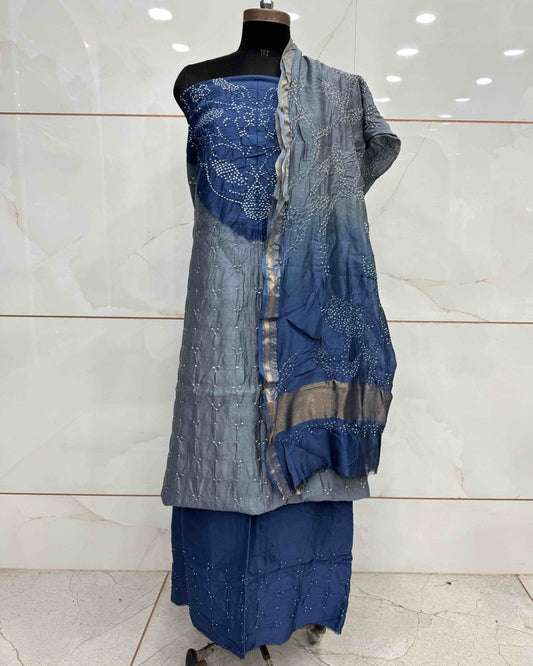 Grey & Blue Shaded Chanderi Silk Bandhani Dress Material - SindhoiPatolaArt
