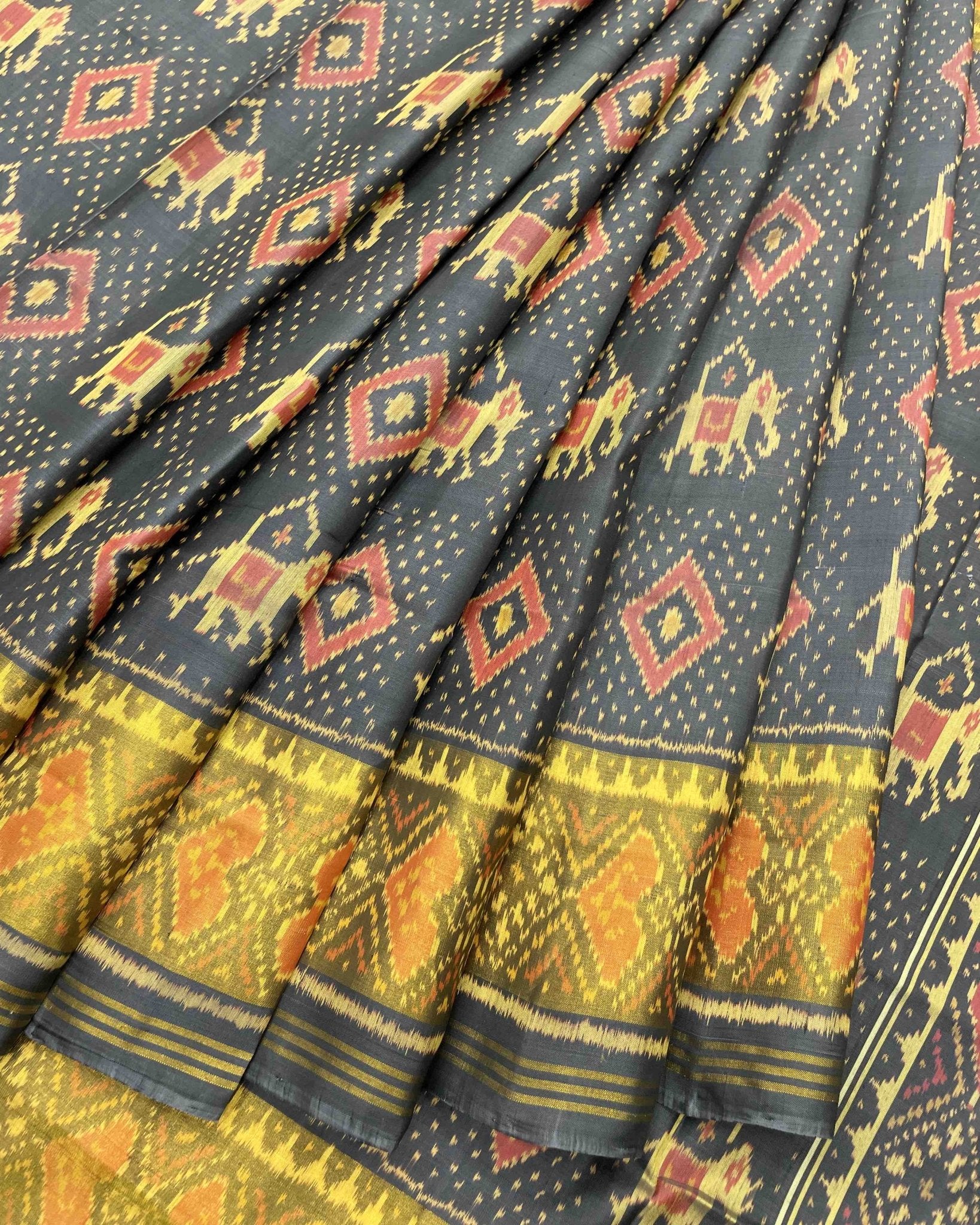 Grey Elephant Doted Designer Patola Saree - SindhoiPatolaArt