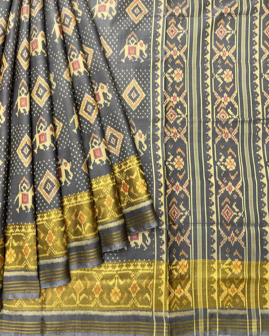 Grey Elephant Doted Designer Patola Saree - SindhoiPatolaArt