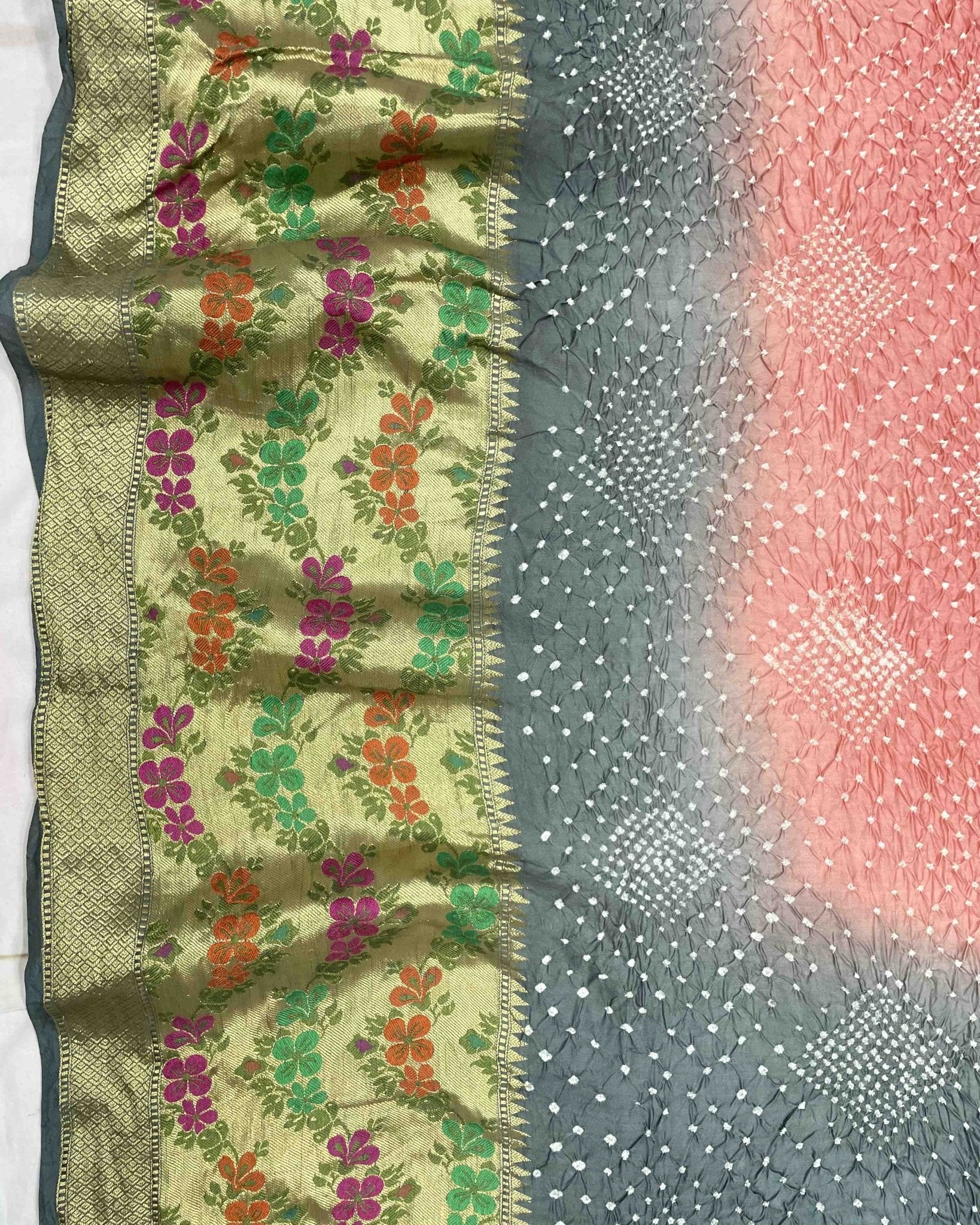 Grey & Pink Silk Banarasi Tilfi Bandhani Saree - SindhoiPatolaArt