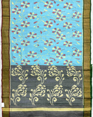 Grey & Sky Blue Fancy Flower Raw Silk Patola Saree - SindhoiPatolaArt
