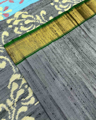 Grey & Sky Blue Fancy Flower Raw Silk Patola Saree - SindhoiPatolaArt