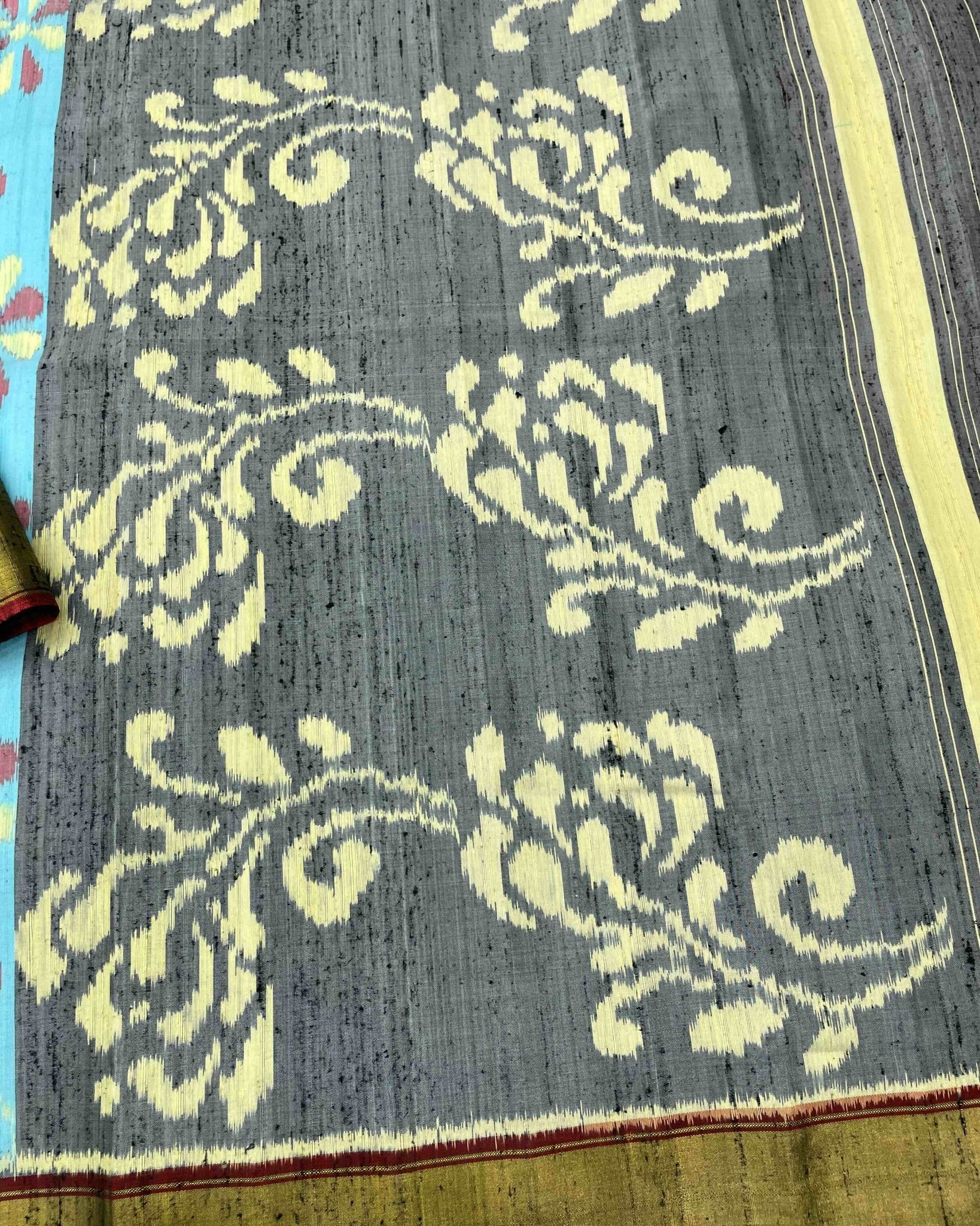 Grey & Sky Blue Fancy Flower Raw Silk Patola Saree - SindhoiPatolaArt