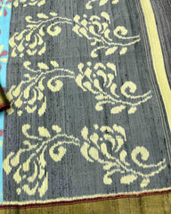 Grey & Sky Blue Fancy Flower Raw Silk Patola Saree - SindhoiPatolaArt