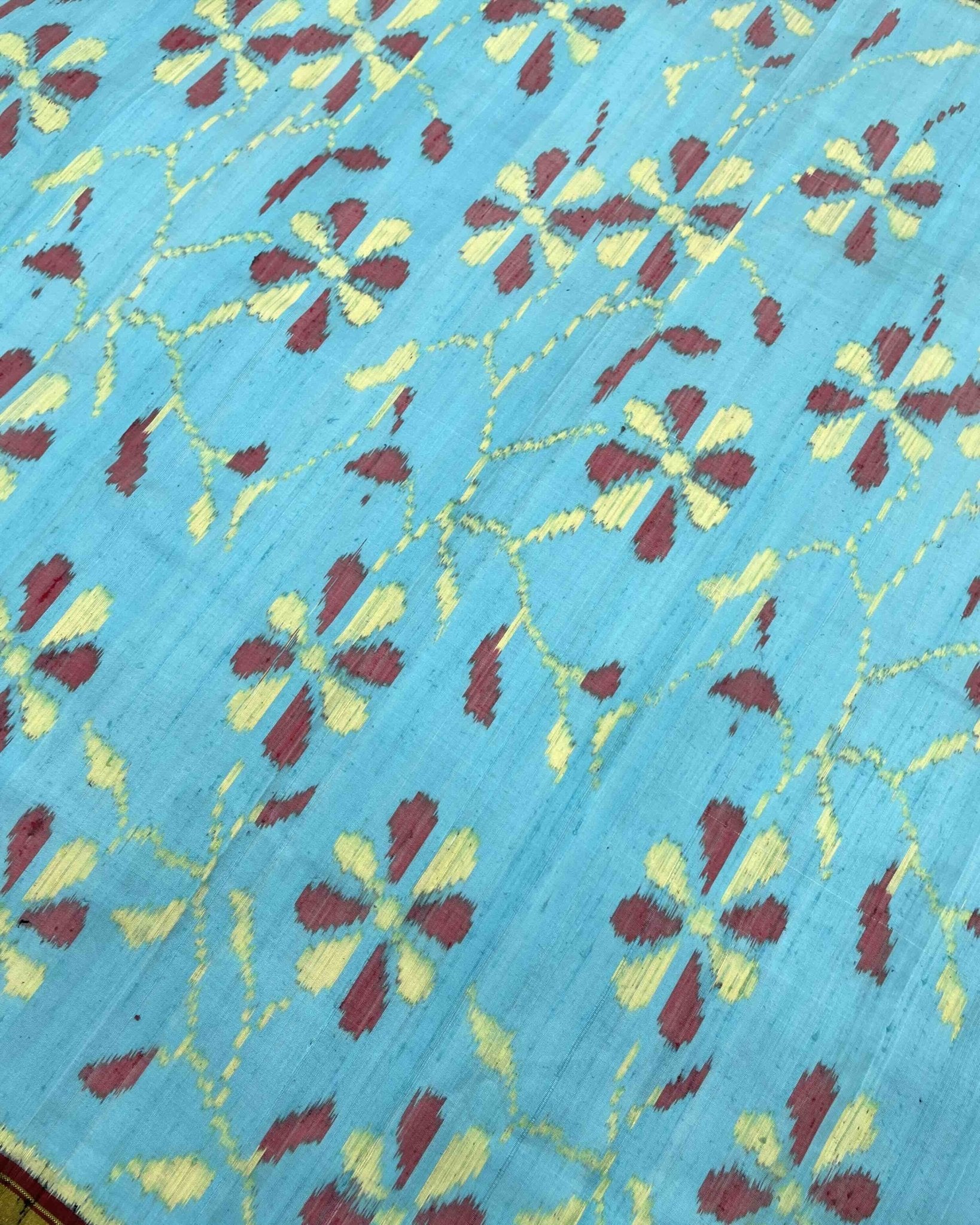Grey & Sky Blue Fancy Flower Raw Silk Patola Saree - SindhoiPatolaArt