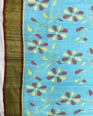 Grey & Sky Blue Fancy Flower Raw Silk Patola Saree - SindhoiPatolaArt