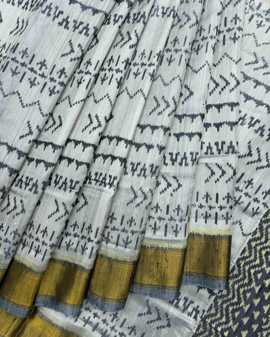 Grey & White Fancy Raw Silk Patola Saree - SindhoiPatolaArt