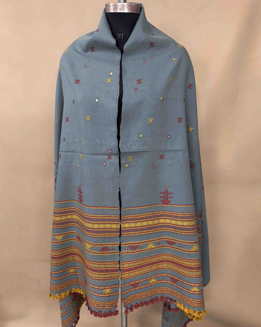 Grey Zad Butti Mirror Kutchi Woolen Shawl - SindhoiPatolaArt
