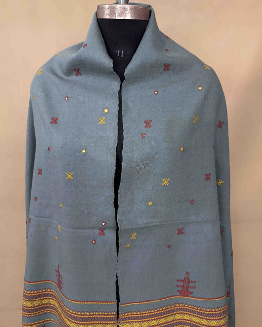 Grey Zad Butti Mirror Kutchi Woolen Shawl - SindhoiPatolaArt
