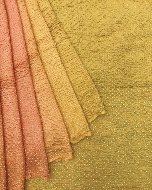 Light Golden Yellow & Peach Shaded Munga Silk Bandhani Saree - SindhoiPatolaArt