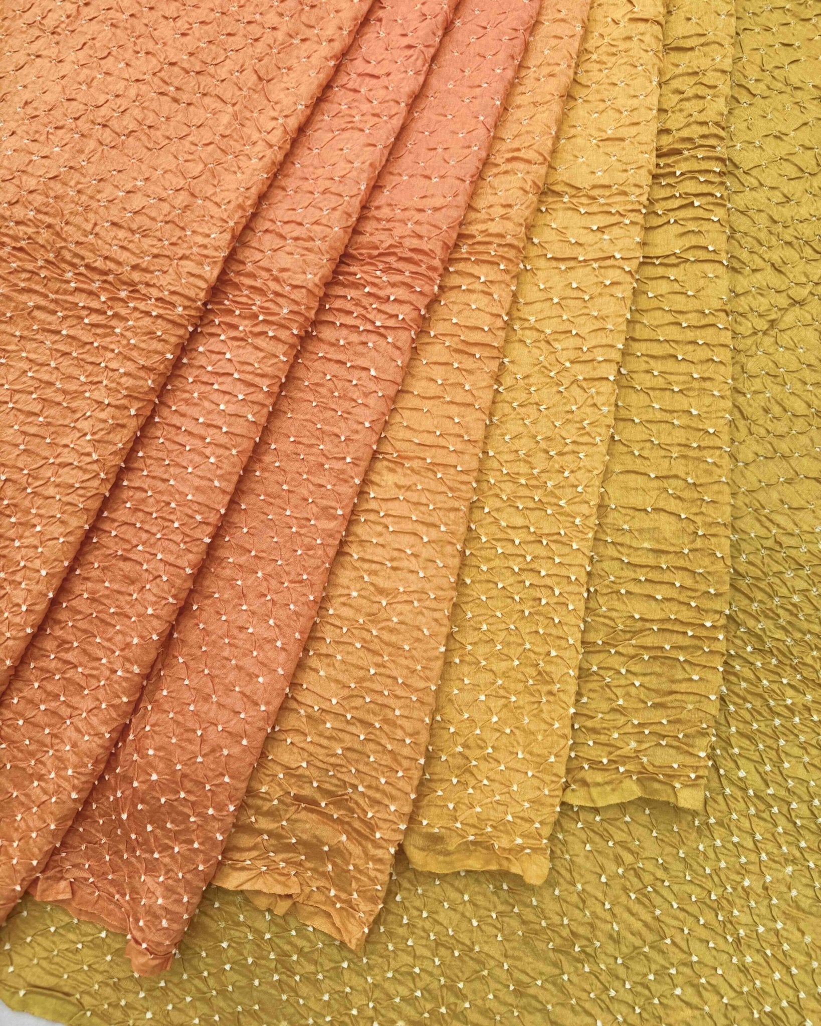 Light Golden Yellow & Peach Shaded Munga Silk Bandhani Saree - SindhoiPatolaArt