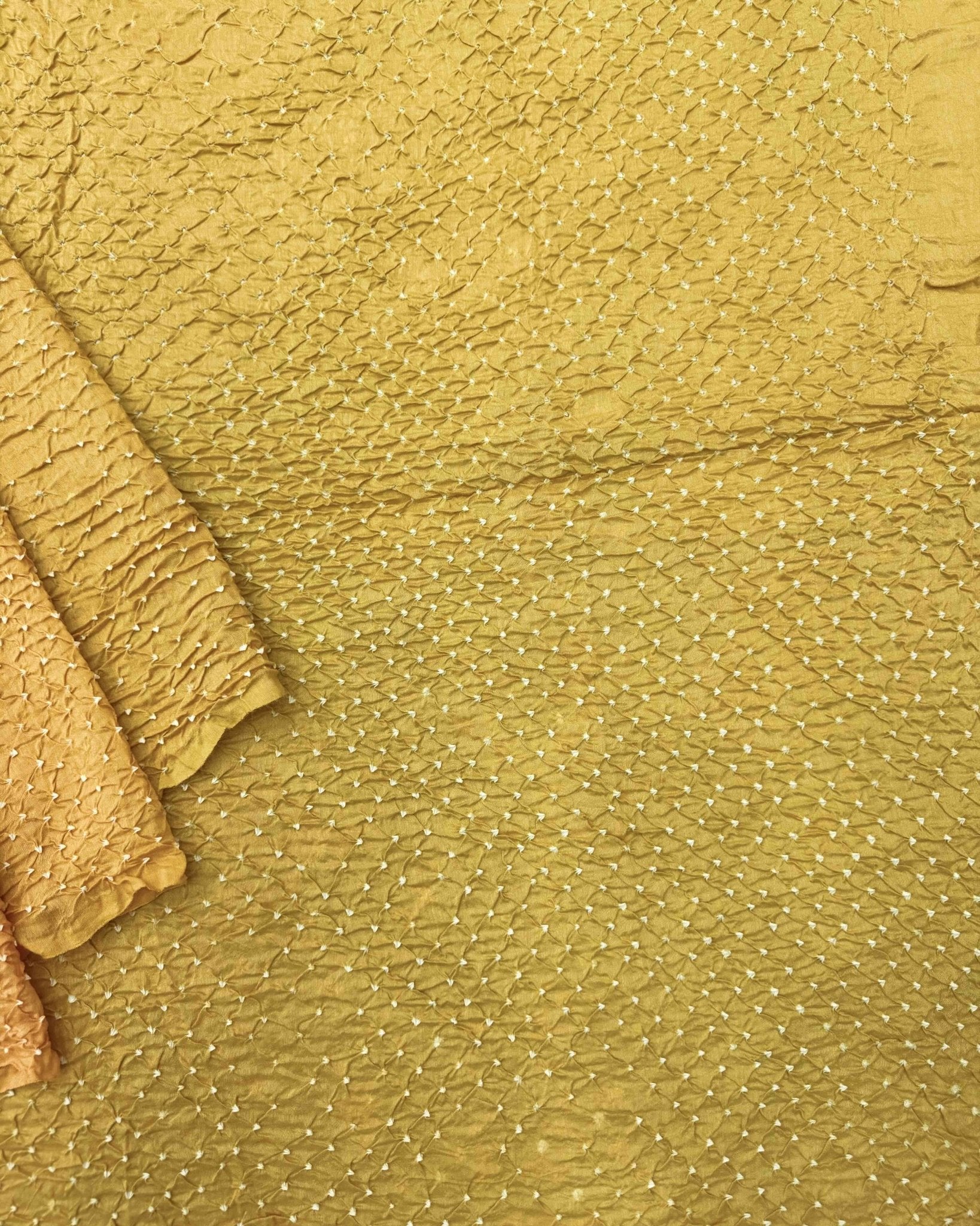 Light Golden Yellow & Peach Shaded Munga Silk Bandhani Saree - SindhoiPatolaArt