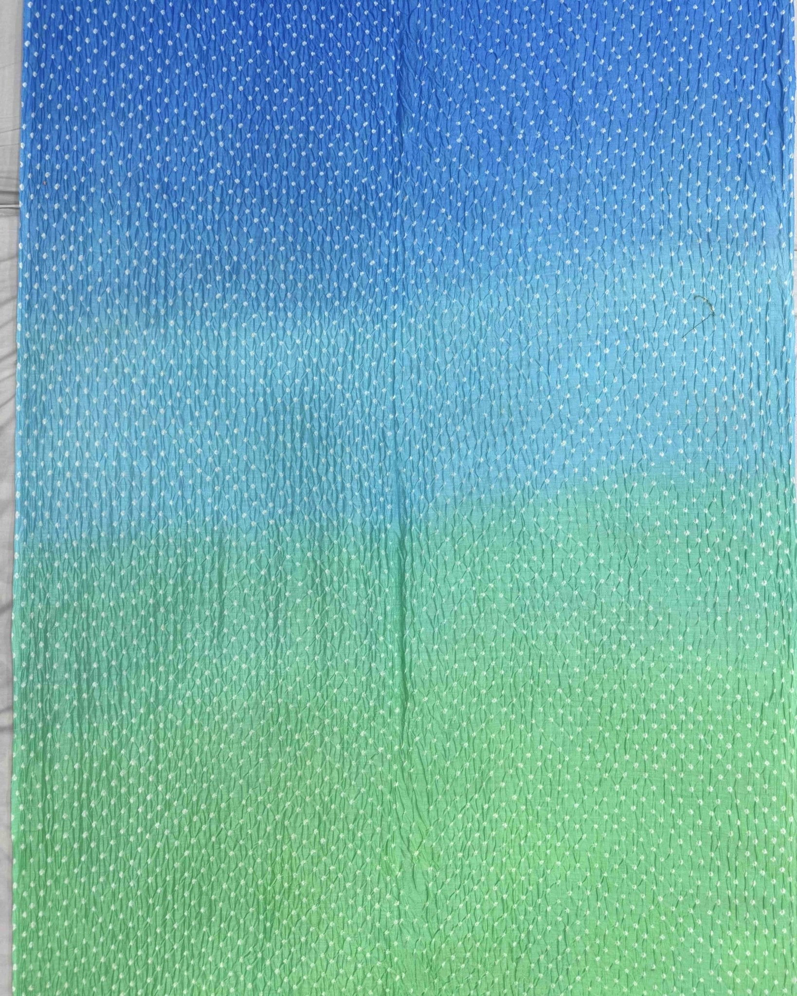 Light Green & Blue Shaded Munga Silk Bandhani Saree - SindhoiPatolaArt