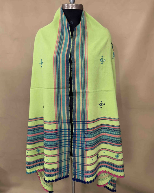 Light Green Chomukh Mirror Kutchi Woolen Shawl - SindhoiPatolaArt