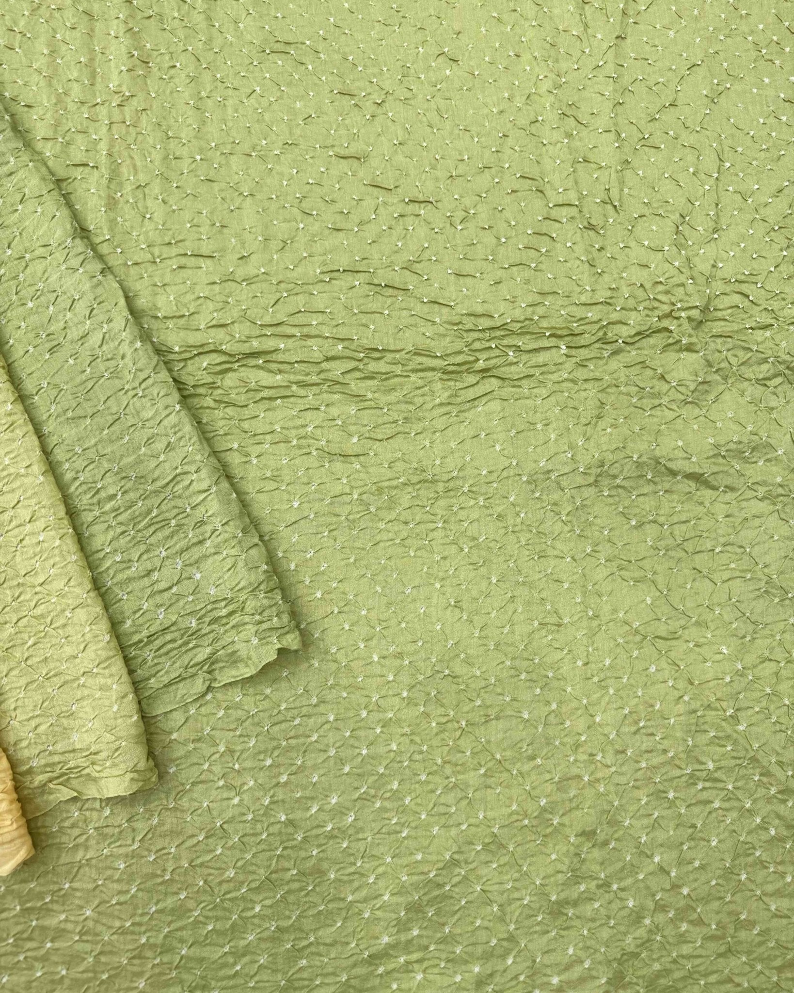 Light Green & Light Pink Shaded Munga Silk Bandhani Saree - SindhoiPatolaArt