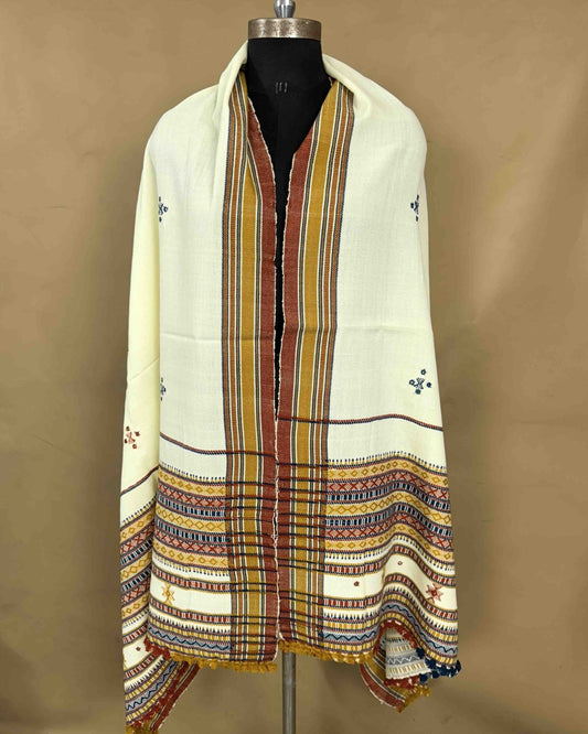 Light Lemon Yellow Chomukh Mirror Kutchi Woolen Shawl - SindhoiPatolaArt