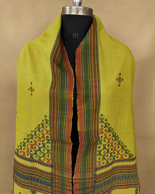 Light Mehendi Green Butta Mirror & Corner Mirror Kutchi Woolen Shawl - SindhoiPatolaArt