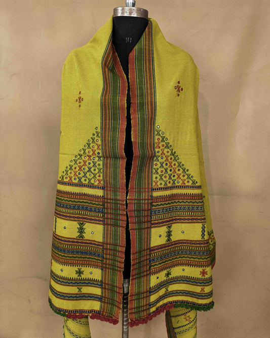 Light Mehendi Green Butta Mirror & Corner Mirror Kutchi Woolen Shawl - SindhoiPatolaArt