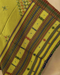 Light Mehendi Green Butta Mirror & Corner Mirror Kutchi Woolen Shawl - SindhoiPatolaArt