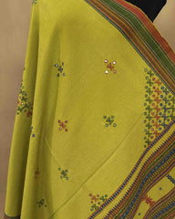 Light Mehendi Green Butta Mirror & Corner Mirror Kutchi Woolen Shawl - SindhoiPatolaArt