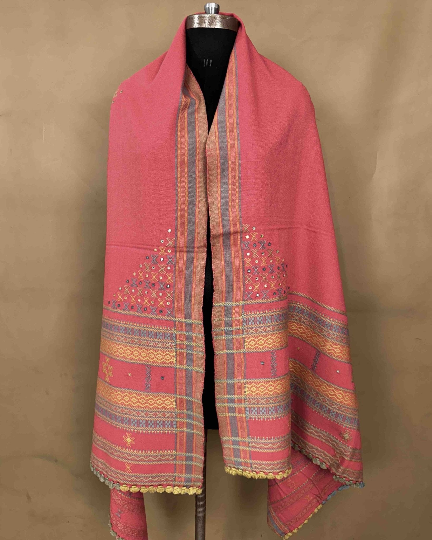 Light Pink Butta Mirror & Corner Mirror Kutchi Woolen Shawl - SindhoiPatolaArt